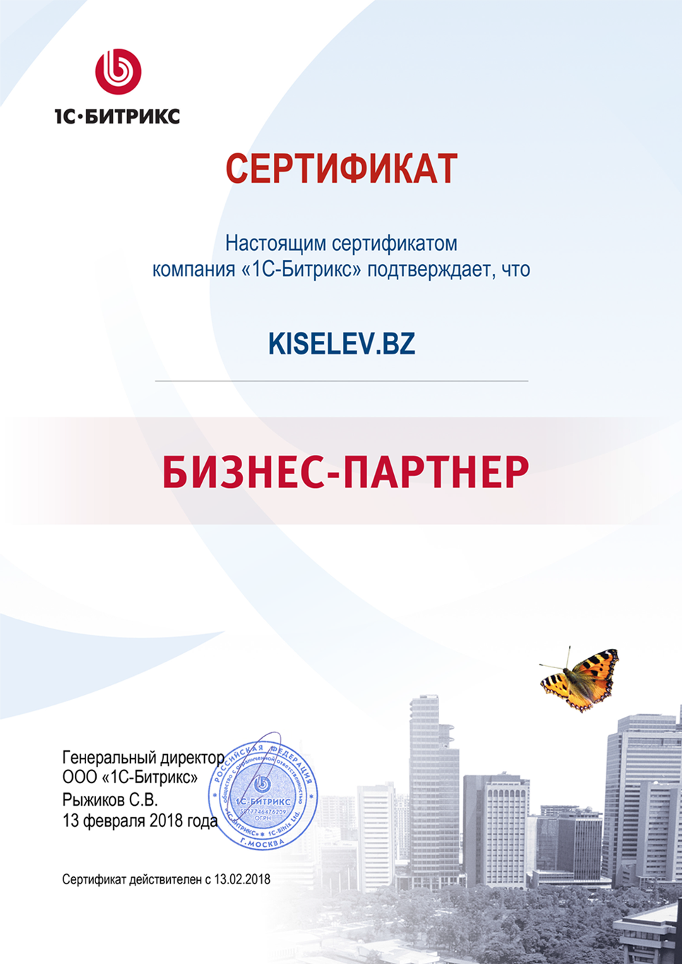 Сертификат партнёра по СРМ системам в Макушино